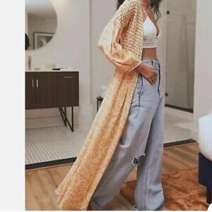 Free People x Intimately Kadence Robe Womens XS Beaded Smocked Maxi Duster Boho